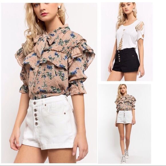 WHITE denim shorts w/ button closure & folded Hem - Picture 8 of 12